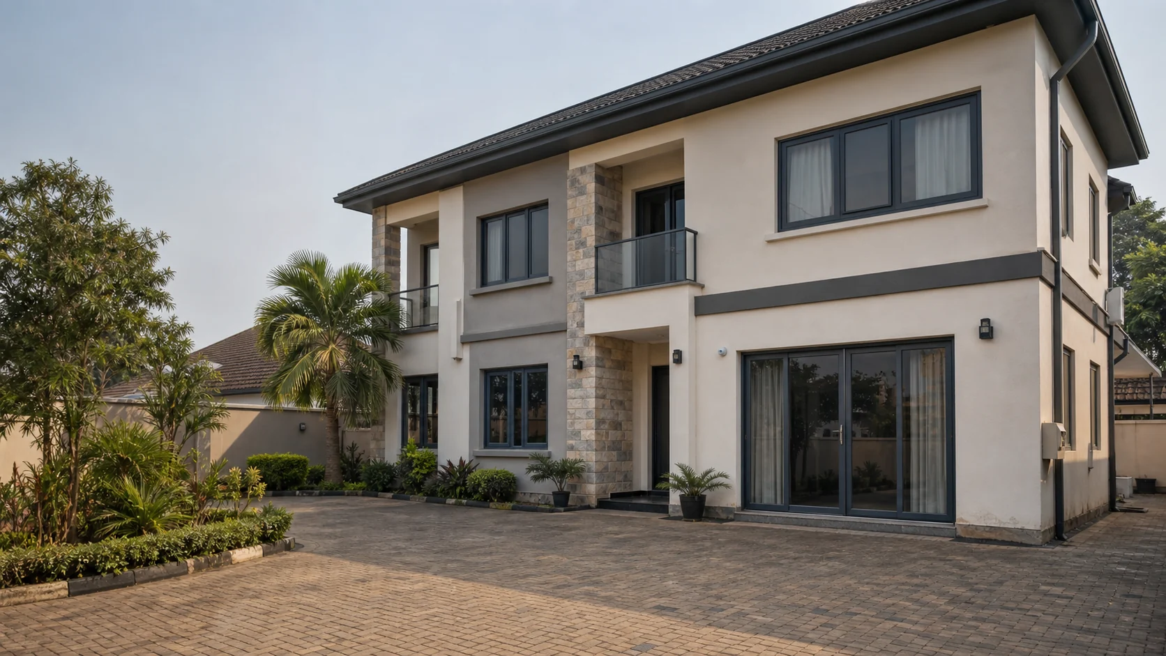 Contemporary Abuja residence with charcoal aluminium windows and sliding doors.