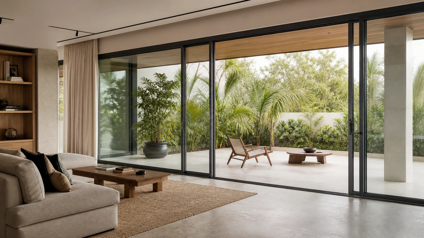 Living room opening onto a tropical terrace through slim aluminium sliding doors.