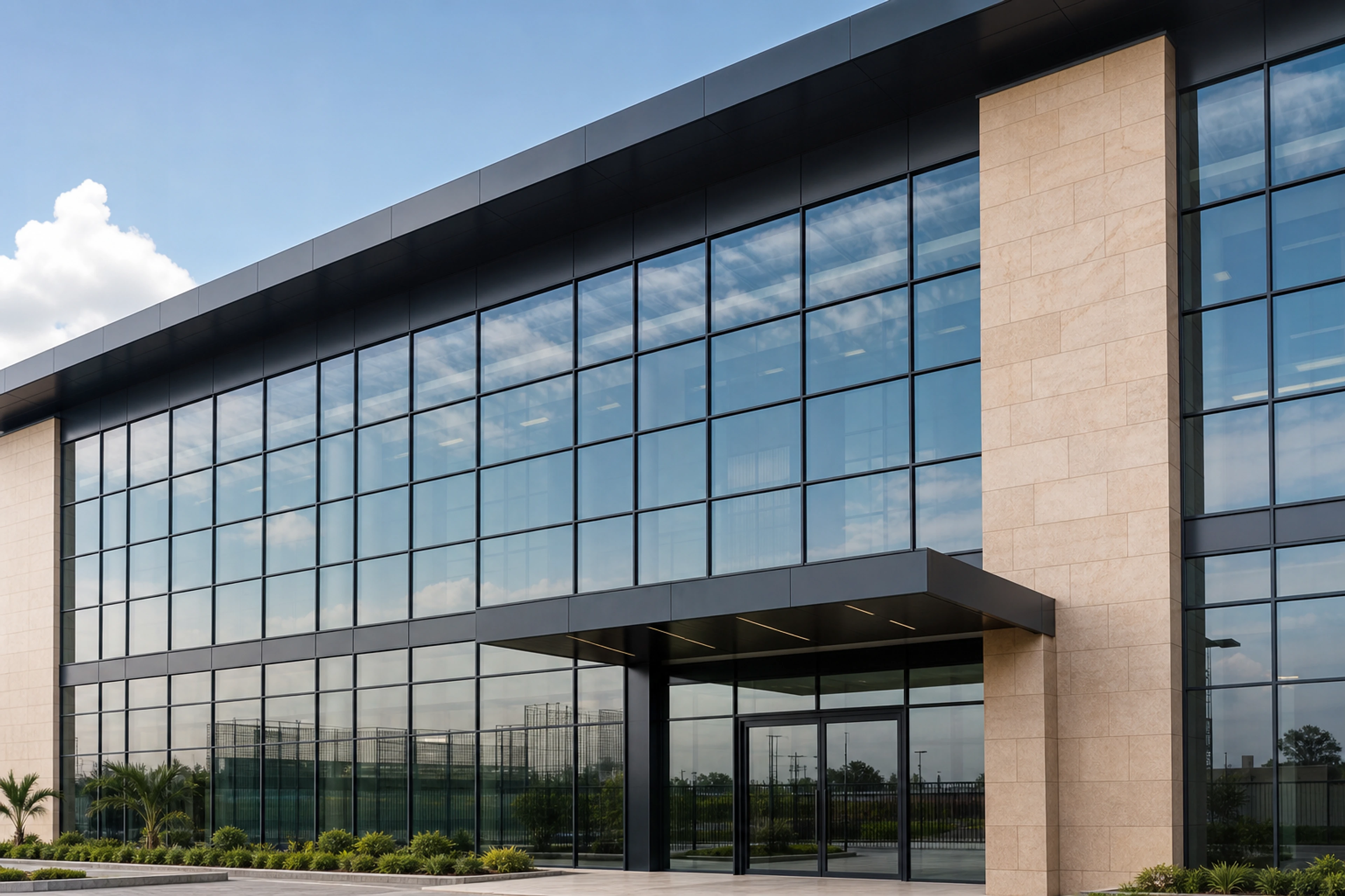 Multi-storey glazed curtain wall with dark aluminium mullions and transoms.