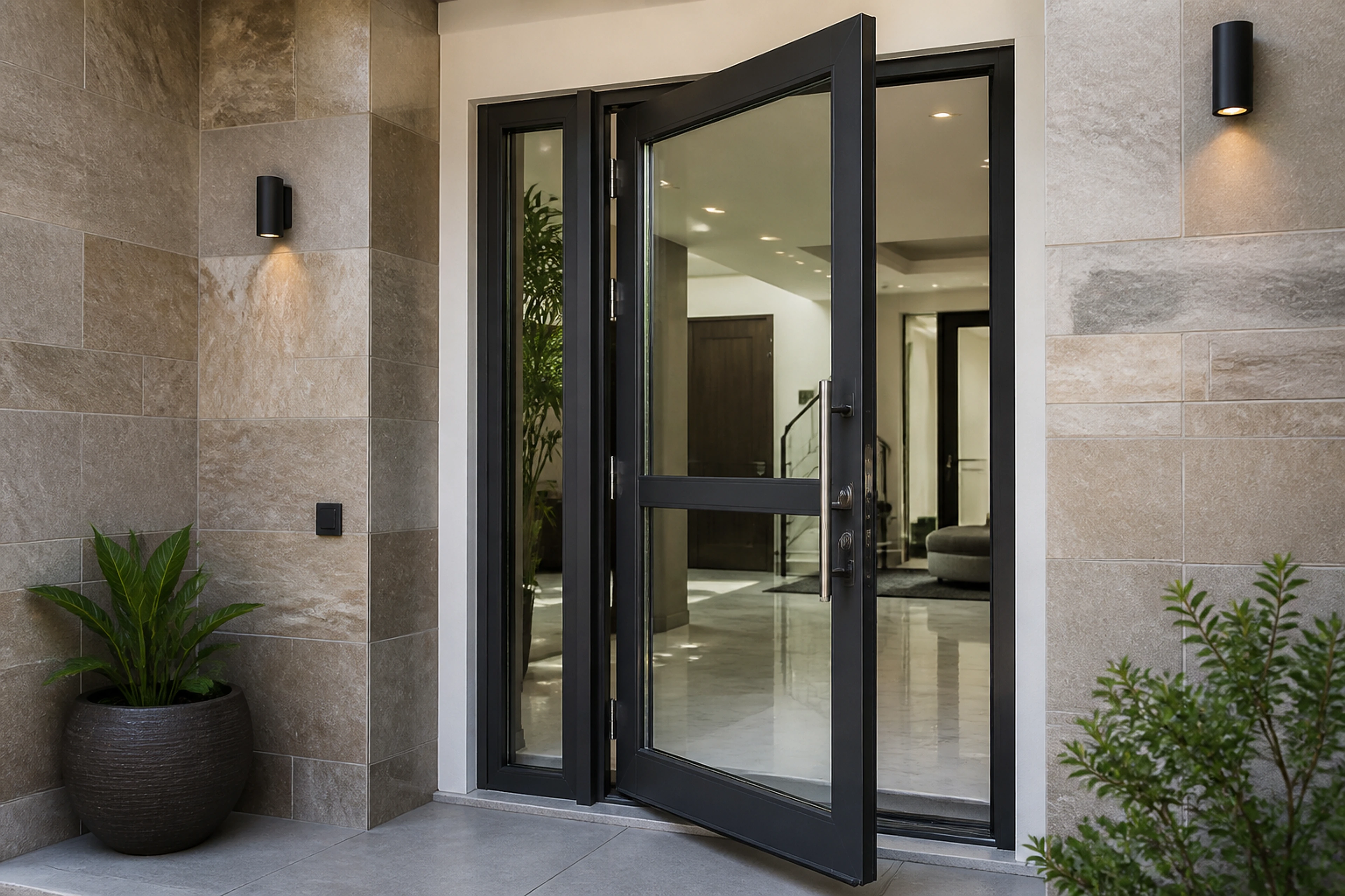 Partly open charcoal aluminium-framed hinged entrance door.