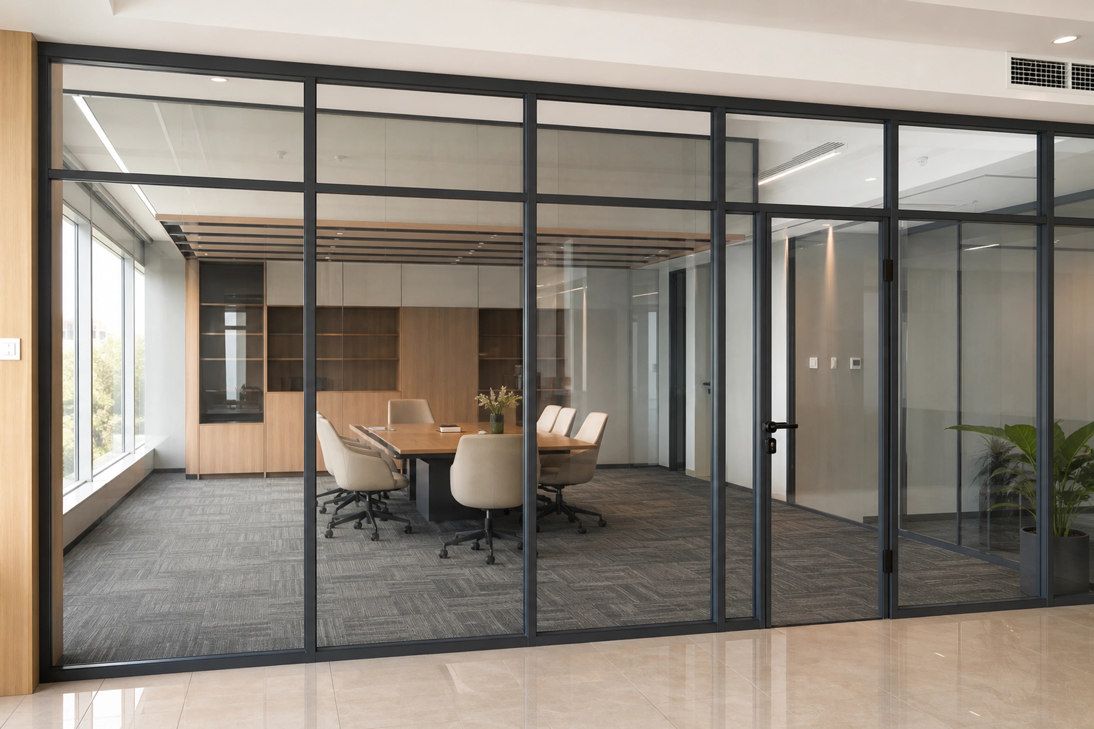 Floor-to-ceiling office glass partitions in slim charcoal aluminium frames.
