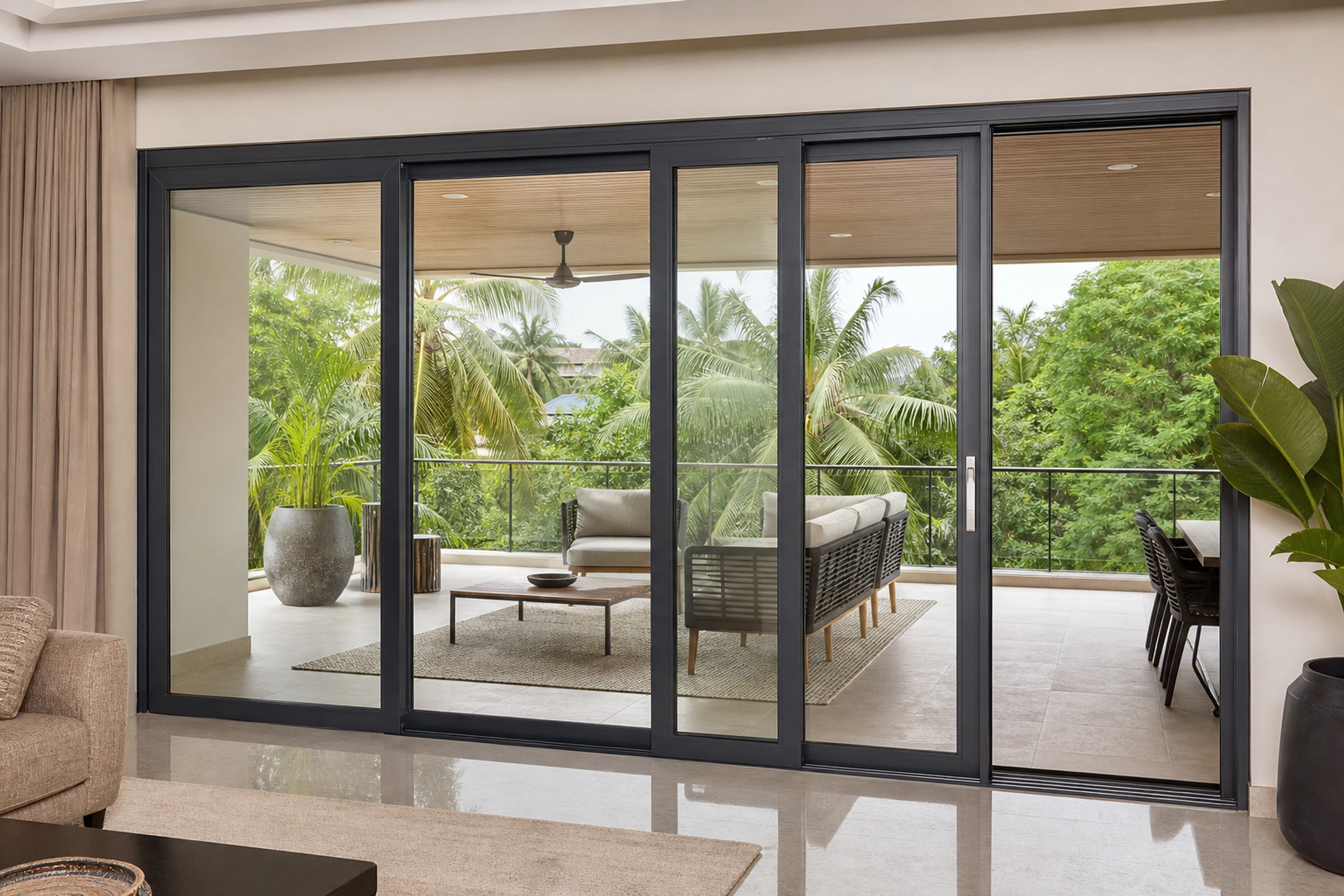 Charcoal aluminium sliding-door panels on parallel tracks beside a terrace.